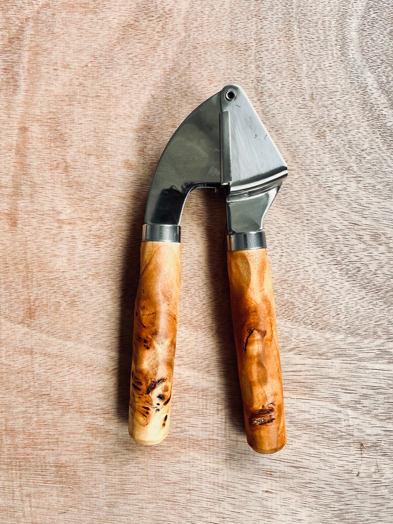Garlic Press – Hand-Carved Poplar Burl & Stainless Steel