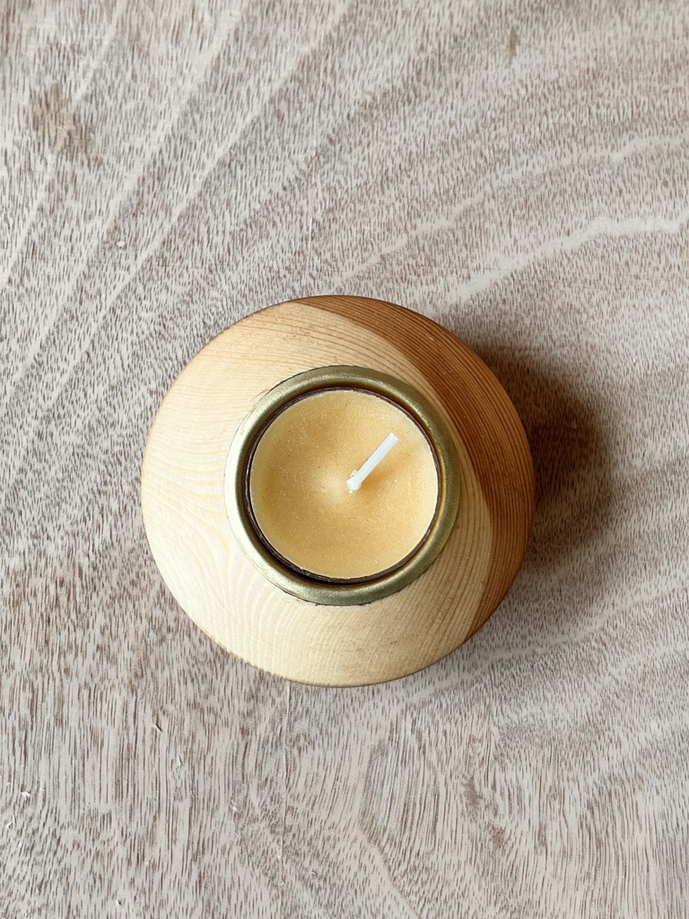 Turned German Pine Candle Holder with Handmade Beeswax Candle
